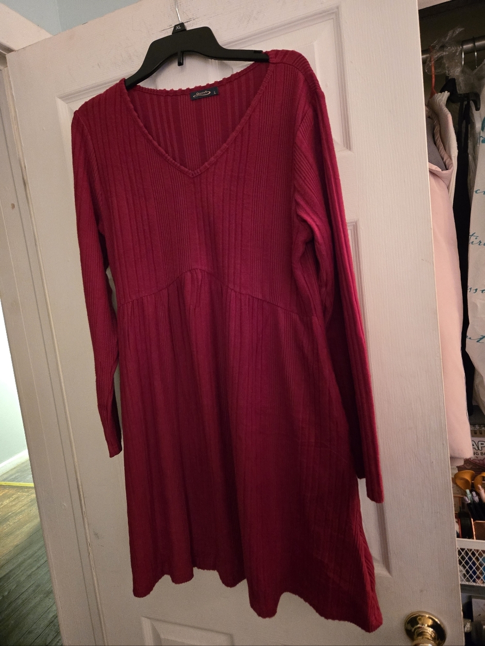Long Sleeve Red Ofeefan Dress With Pockets